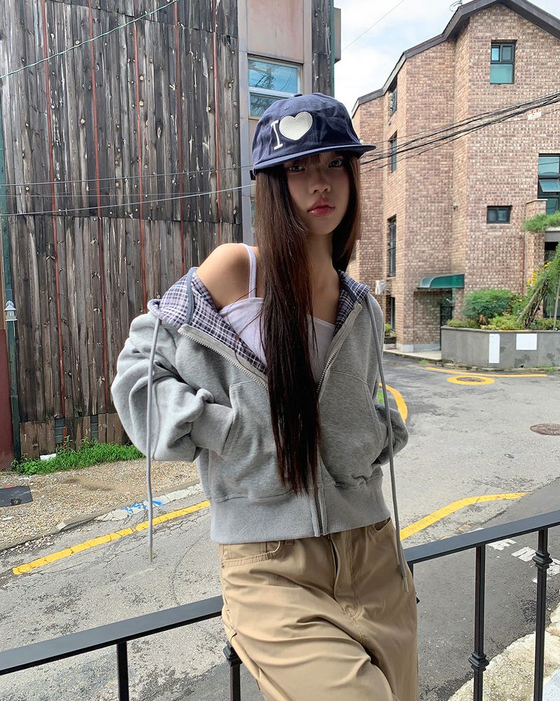 Mchi Check Color-Block Long Sleeve Hoodie Zip-Up