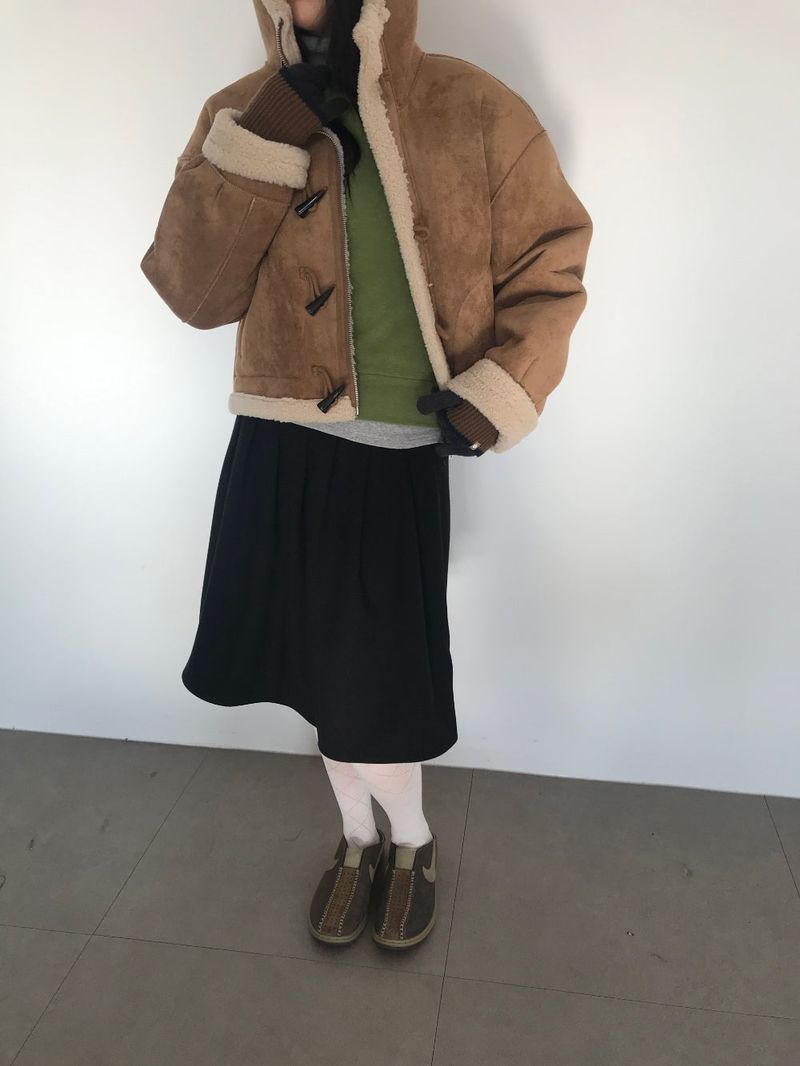 Femme Duffle Hooded Faux Shearling Jacket (2color)