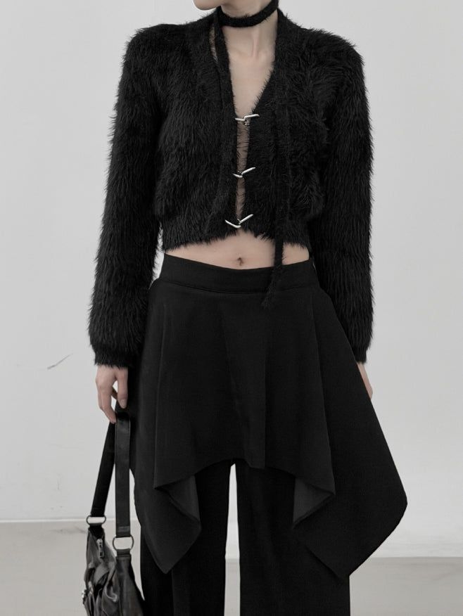 Linked Metal Ring Scarf Fur Cardigan