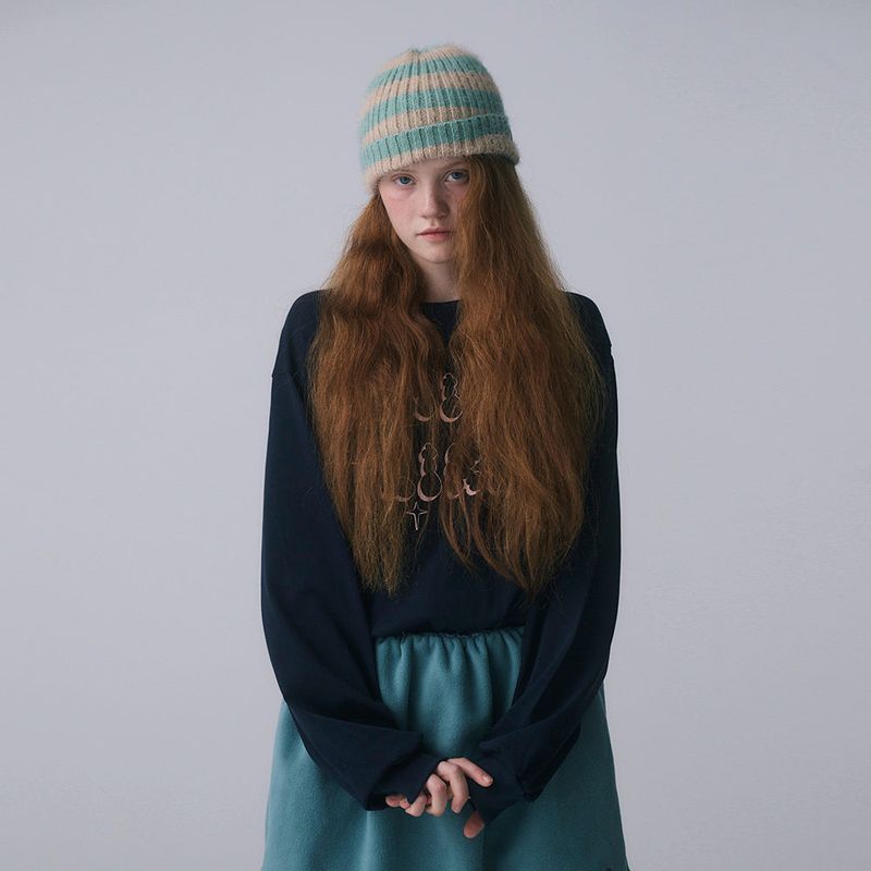 FURRY LOGO BEANIE, BEIGE+MINT STRIPE
