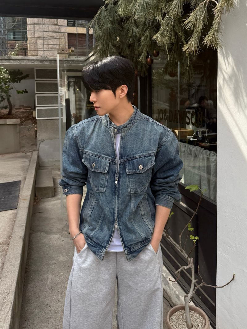 With denim biker jacket