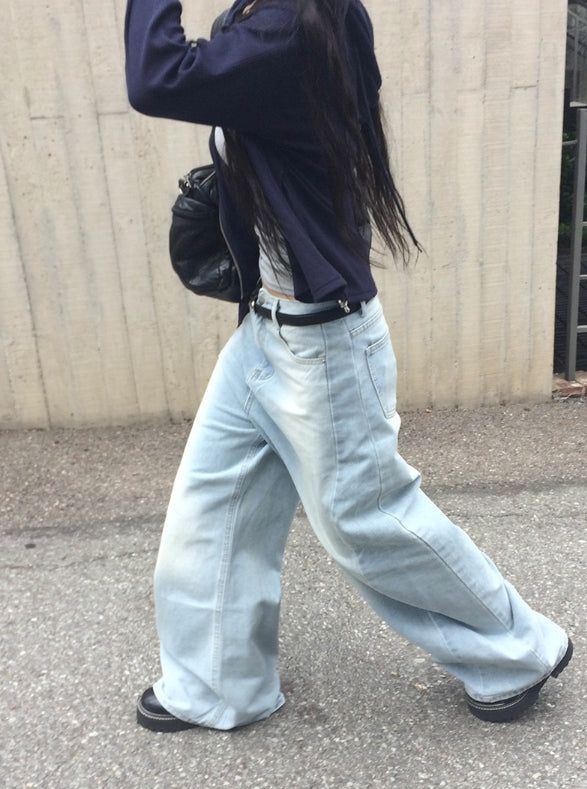 Bomshu Wide Washing Denim Long Pants