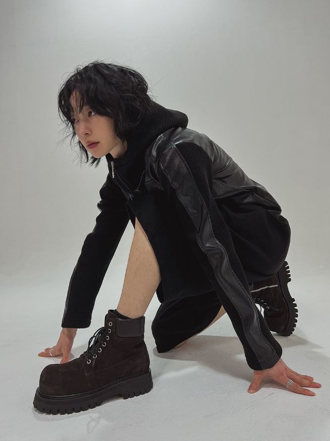 [LANARCH] Noble Leather Pocket Hooded Zip-Up