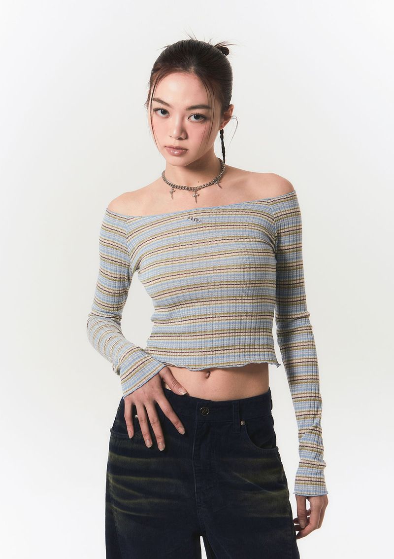 smooth off shoulder top - blue stripe