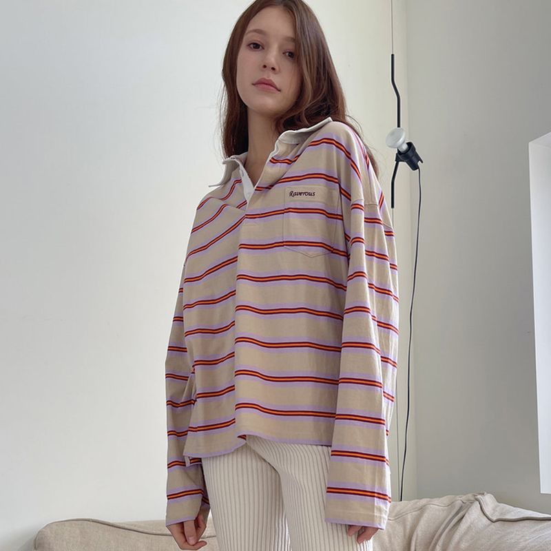 RAVEROUS（レイバロス）の「Oversized Stripe Collar T-Shirts_Beige（Tops）」