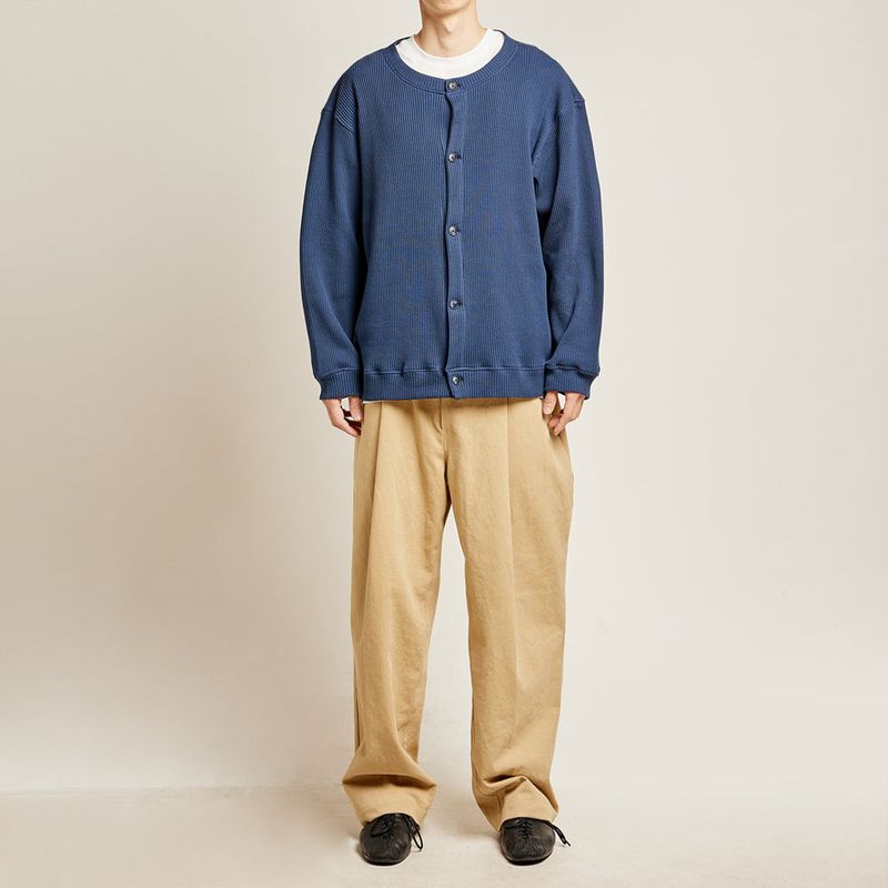 DAMP ROUND-NECK WAFFLE CARDIGAN_NAVY