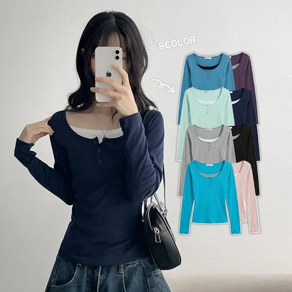 hijjoo（ハイチュー）の「Slim Fit* Nien Layered Button Long Sleeve T-shirt (8 colors)（Tops）」