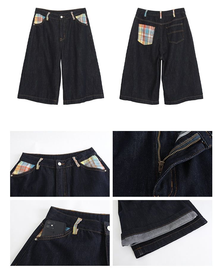 Checked pocket dark blue wide cropped denim