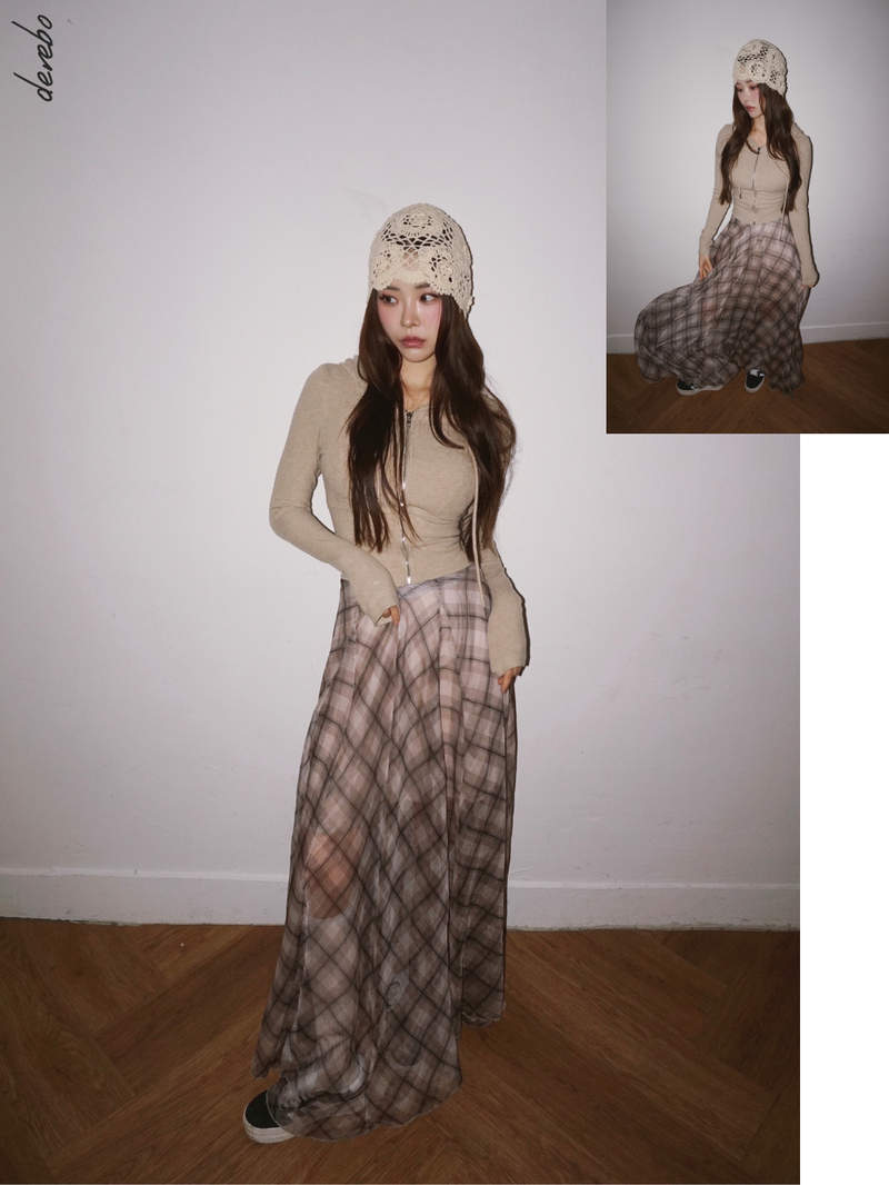 Long Check Chiffon Sharalla Skirt