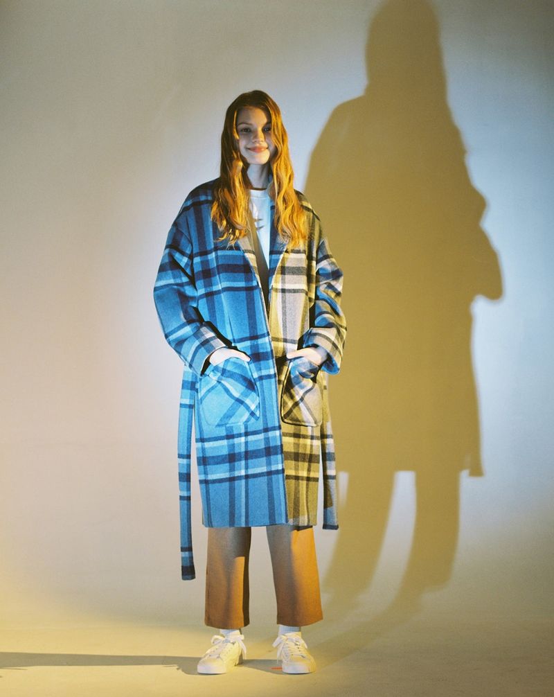 OVERSIZE WOOL CHECK ROBE COAT (Blue)