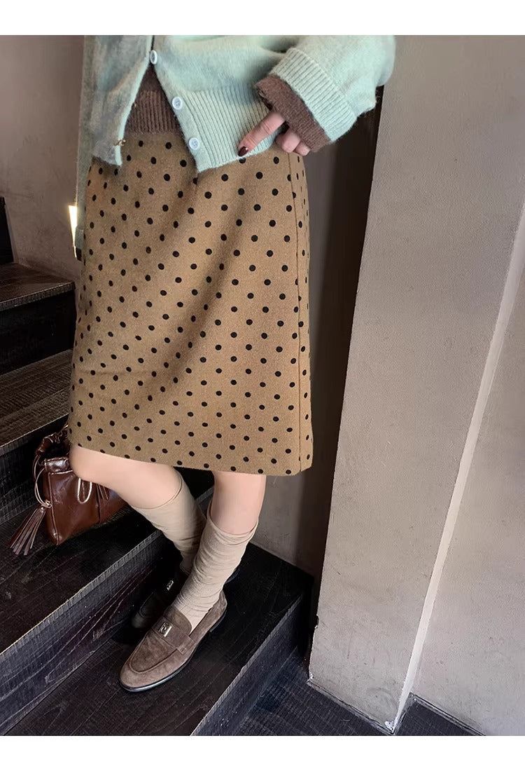 camel brown wool dot midi skirt