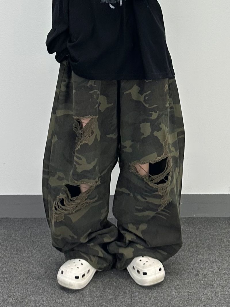 camo bio washed distressed pants