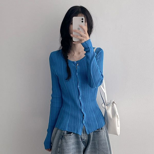 Flower Snap* Snit Slip Ribbed Knit Cardigan (4 colors)
