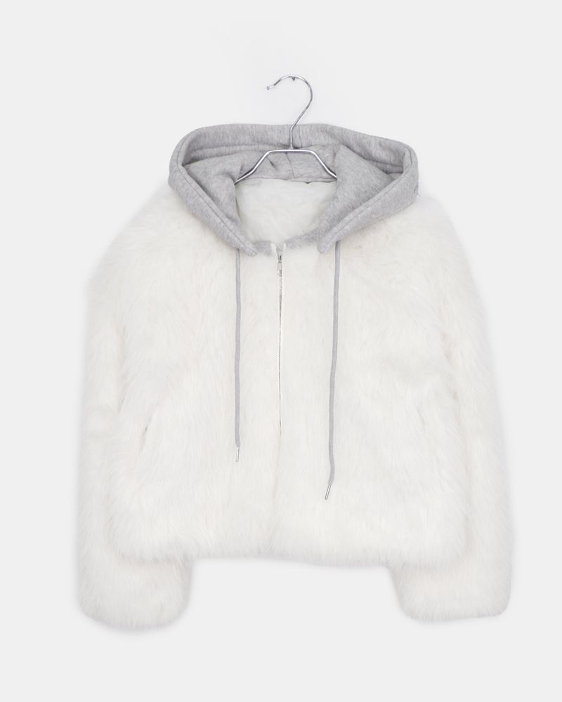 Hoa Color-block Hooded Zip-up Fur Jacket