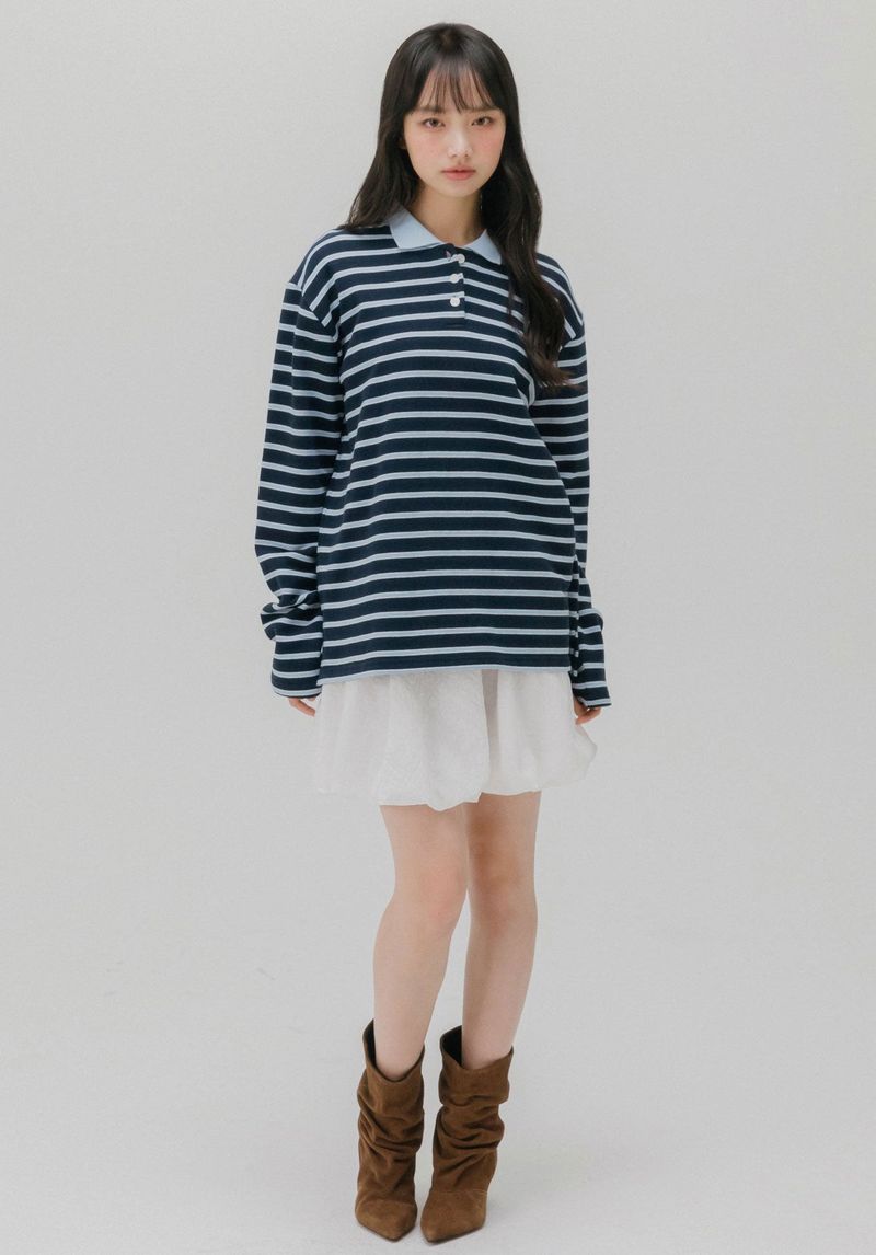 SOFT COLLAR STRIPE T-SHIRT (LIGHT GRAY)
