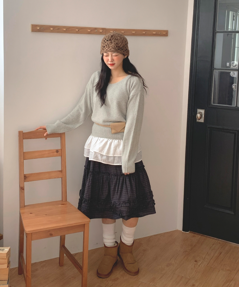 Luen midi checkered skirt Fall layered frill soft fit