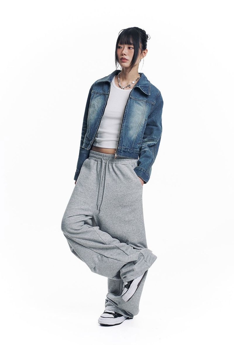 Washed Crop Track Denim Jacket - Deep Blue