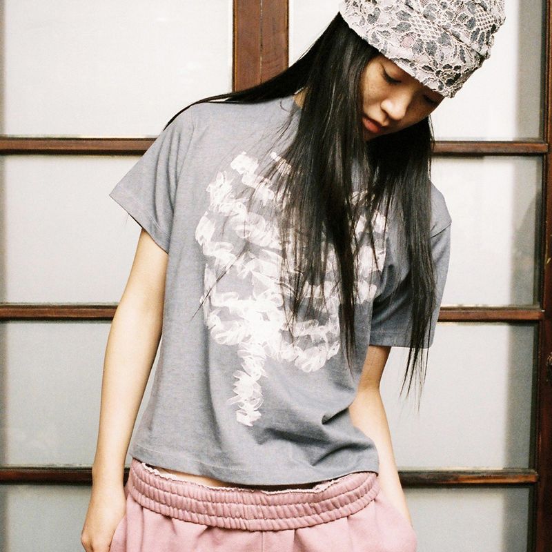 Lace Bone Angel Tee - Charcoal