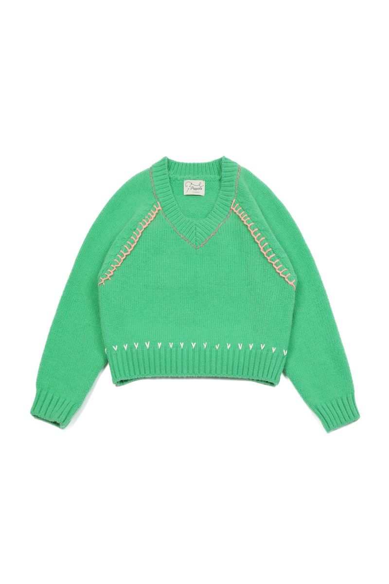 POPPALS（ポップパルズ）の「Heart Needle V-neck Knit [Green]（Tops）」