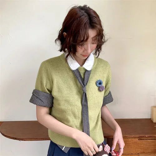[1+1 Special] Tours Flower Decor Round Neck Wool Short Sleeve Knit