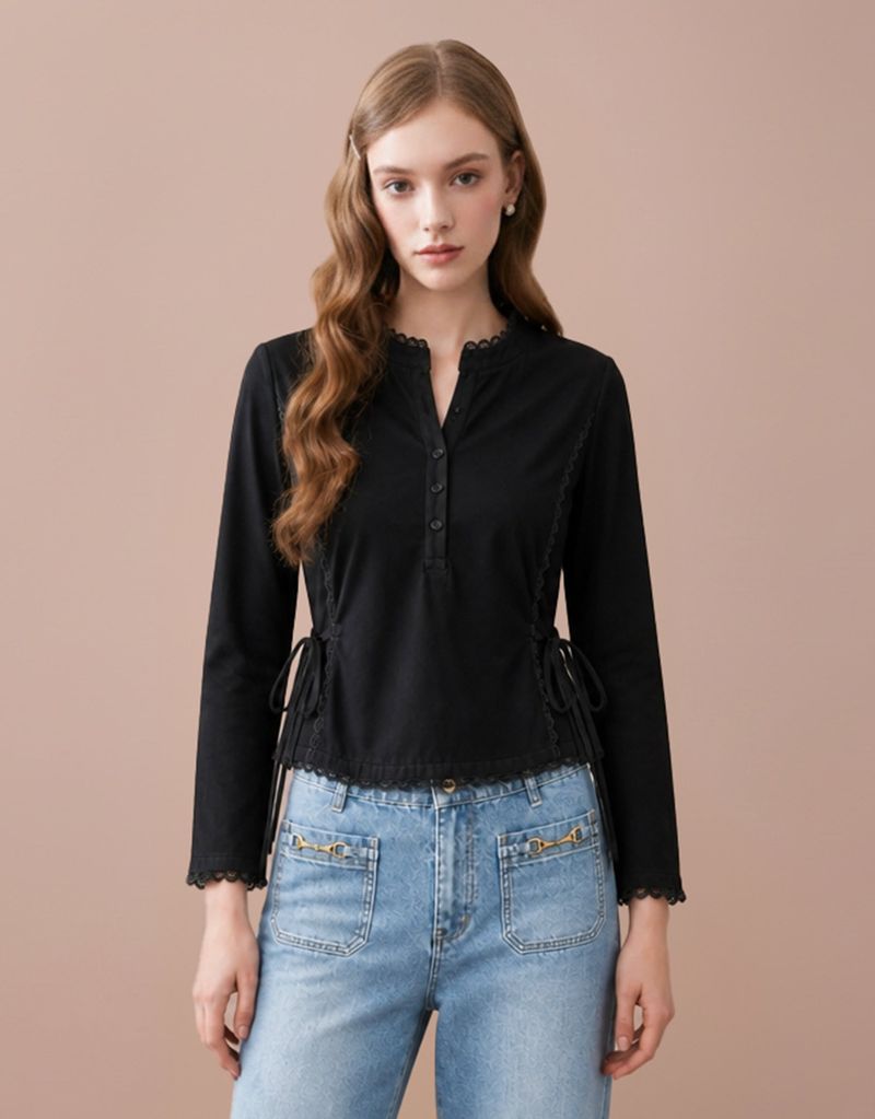 TWEEDY-A（ツウィーディア）の「ヴィヴィエル レース リボン ヘンリーネック スリム Tシャツ ブラック（トップス）」