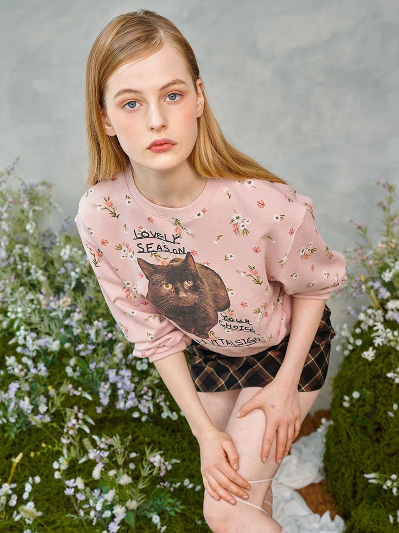 Flower Cat Lettering Sweatshirt (Pink)