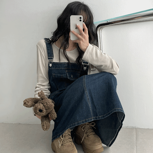 hijjoo(ハイチュー)の「DN denim overall suspender long skirt (2 colors)(Dresses)」