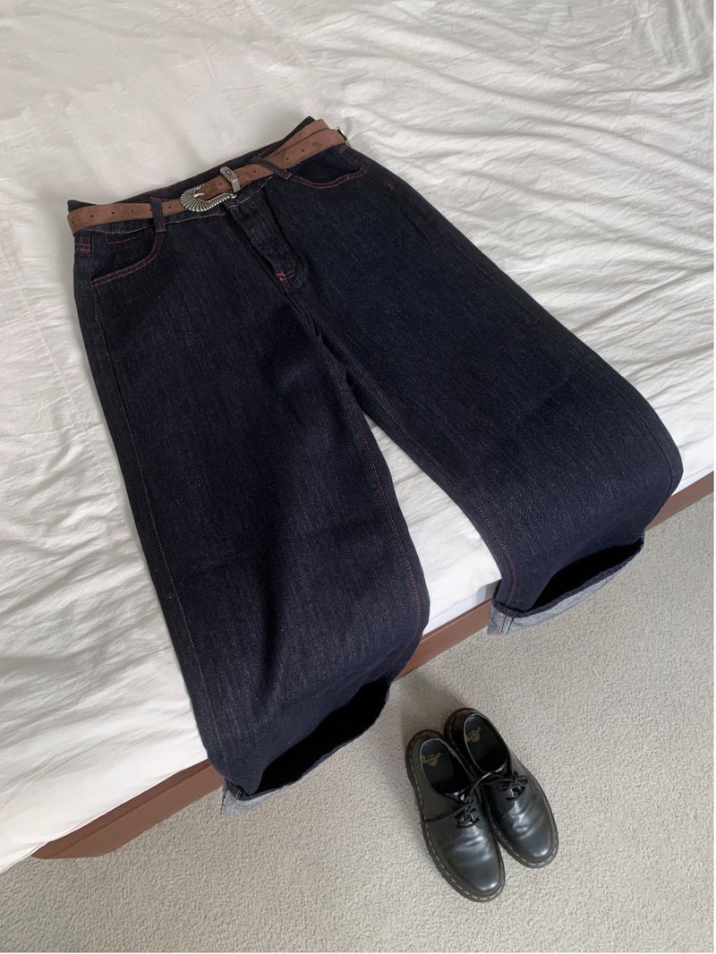 ペニーレッドステッチローワイドデニムパンツ