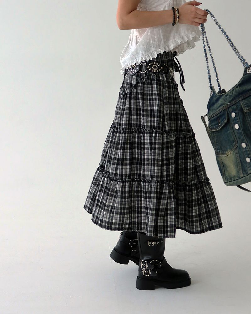 Morigirl Vintage Checkered Long Skirt