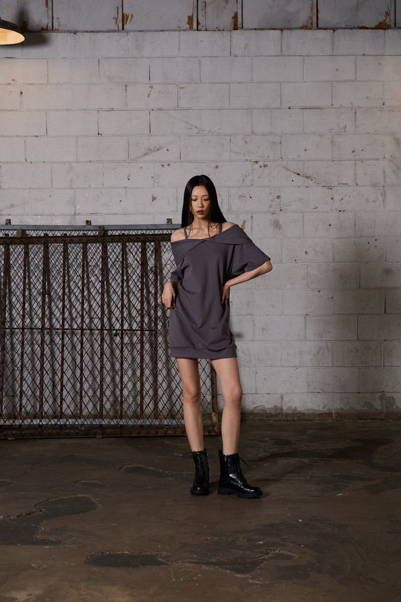 2Way Big Hood Off-Shoulder Mini Dress - Charcoal