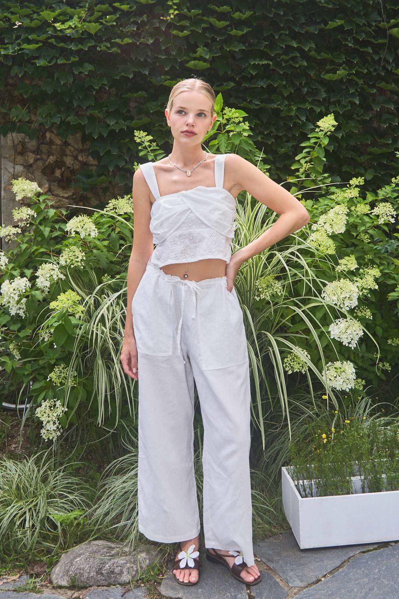 EMBROIDERY POCKET LINEN PANTS / WHITE