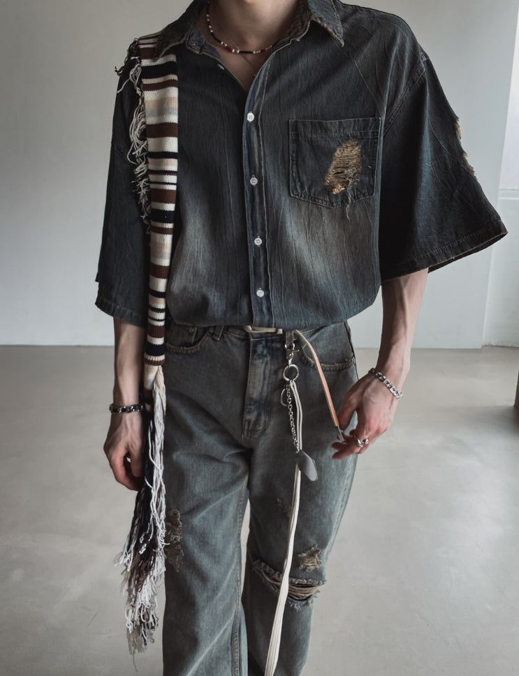 Summer shea damage washed denim half shirt
