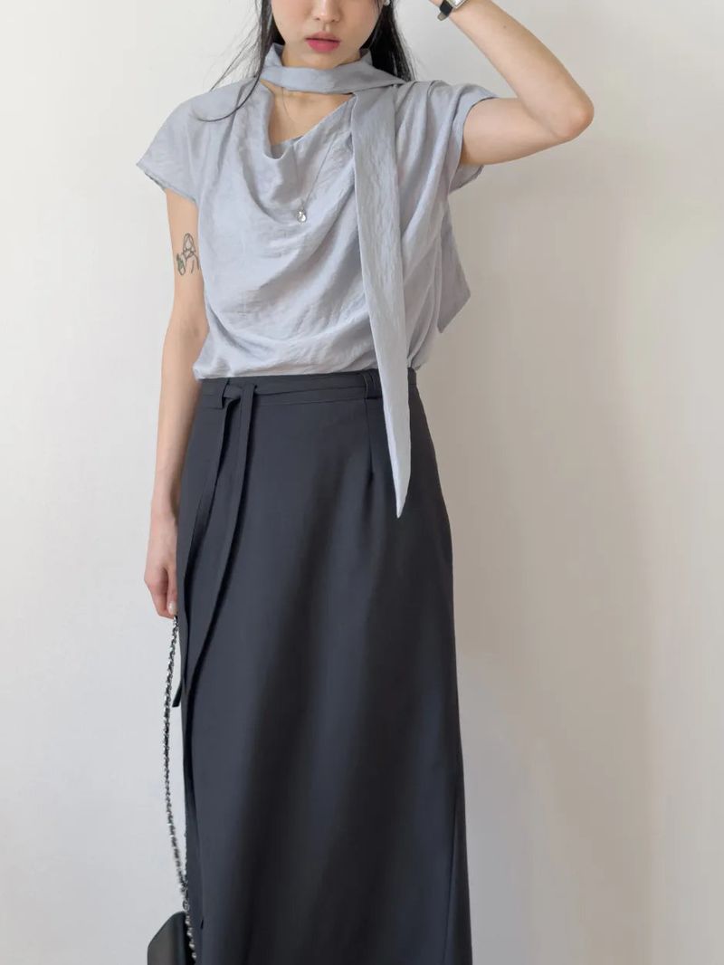 [Short Sleeve Version] Meringue Drape Tie Blouse