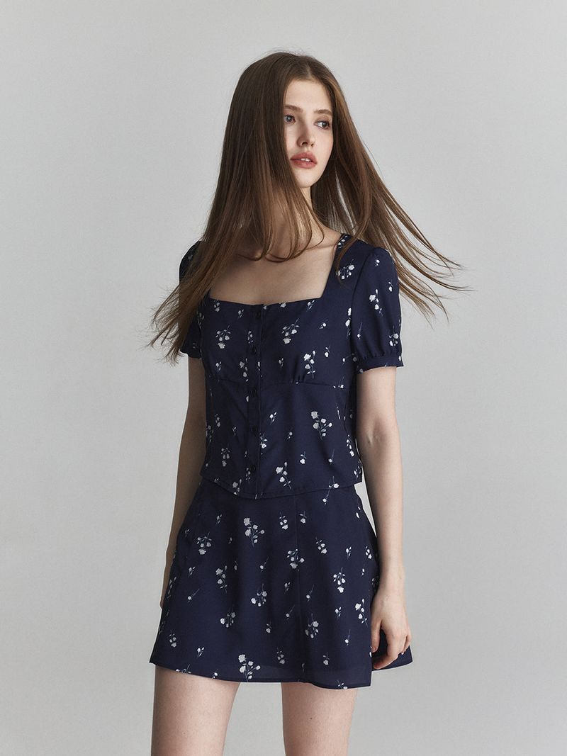 Floral flare skirt (Navy)