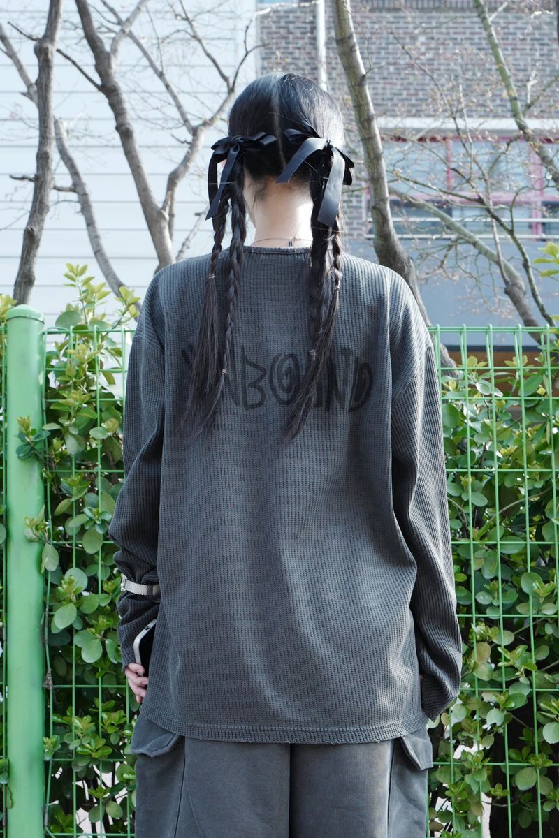 ダメージワッフルボタンロングスリーブ Ｔシャツ チャコール