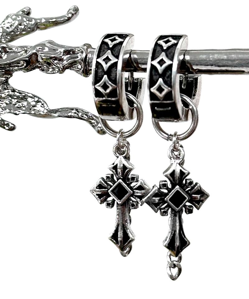 Antique Black Cross Chain One-Touch Earrings