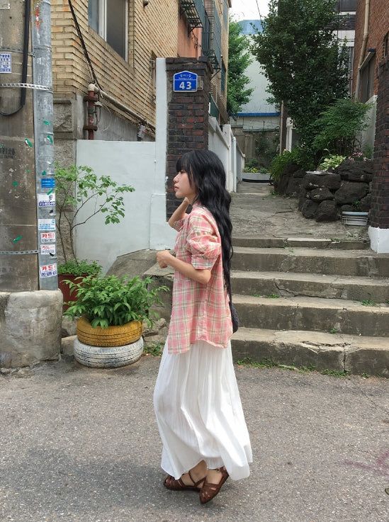 Toui Check Three Quarter Rolled-up Loose Fit Shirt