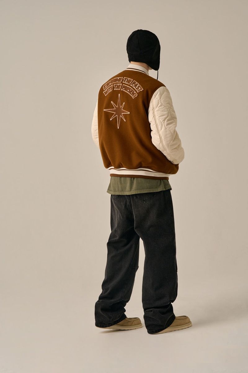 QUILTING POINT VARSITY JACKET - BROWN