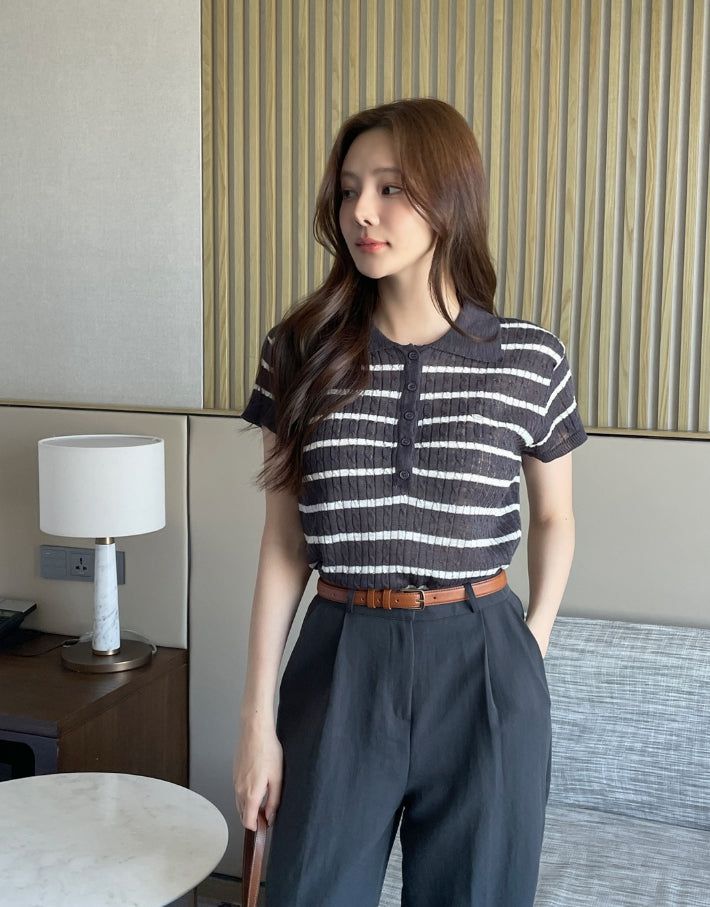 iam mari（アイアム マリ）の「Seden Stripe Half-Button Collar Cool Knit（Tops）」