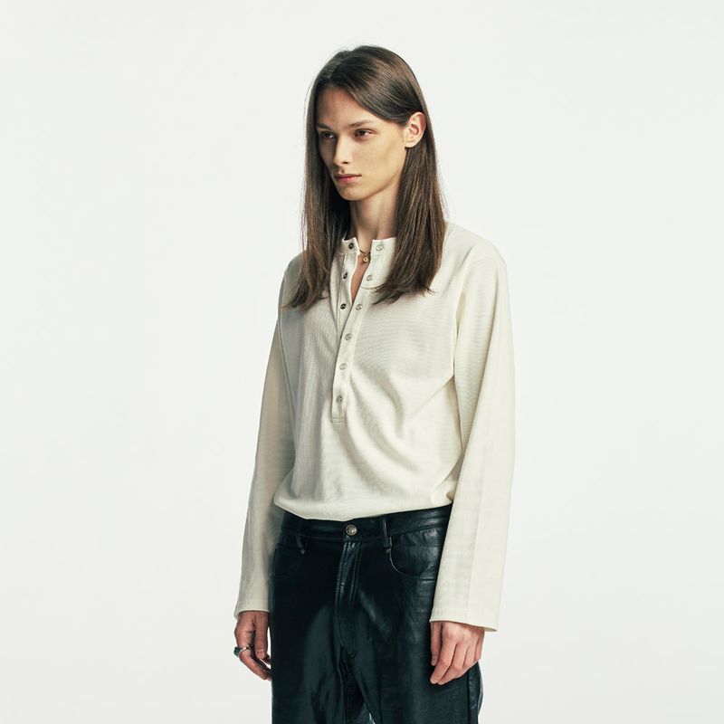 below button-down henry neck long sleeve ivory