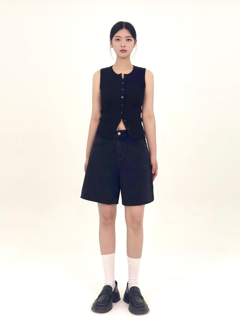  3RD REORDER HIP POCKET EMBROIDERY BLACK DENIM SHORTS LONG VERSION code 25106