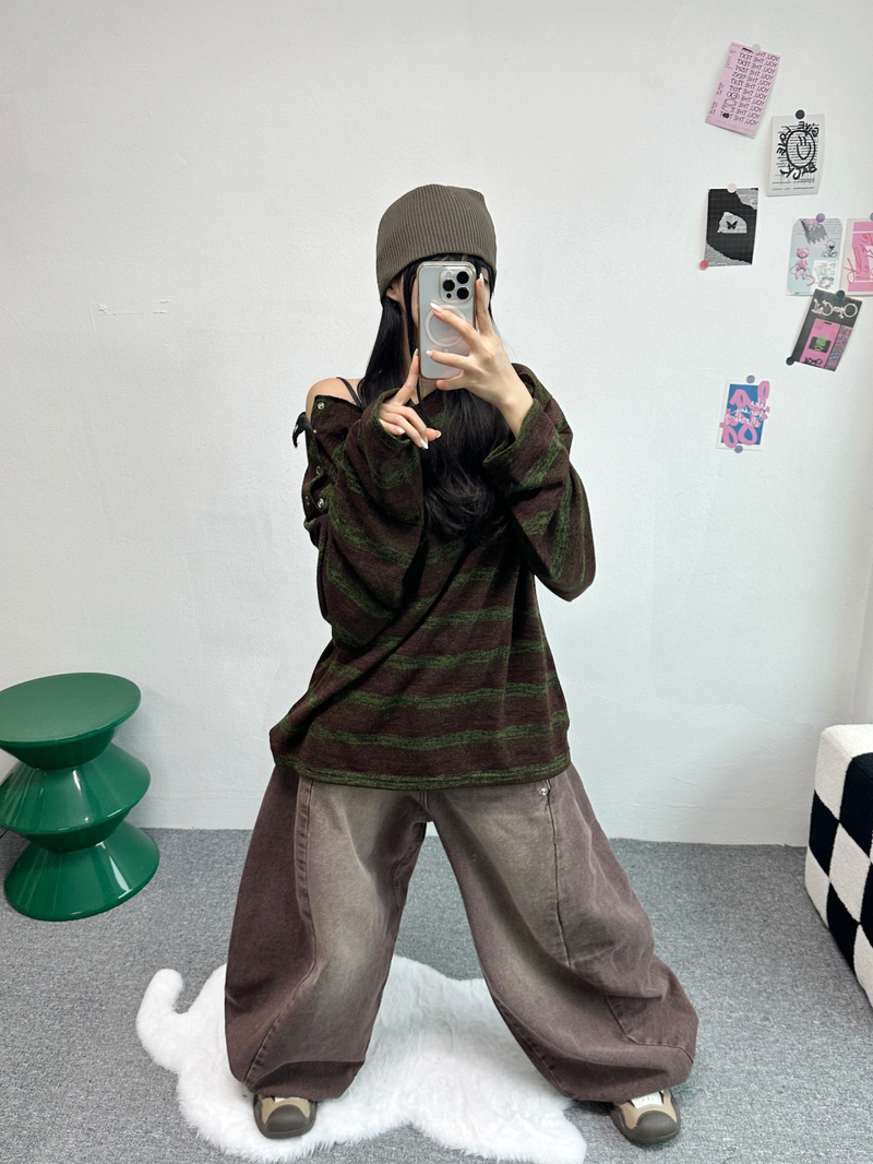 SHOULDER SNAP WARMER POINT STRIPED KNIT🤎🖤🧸 - 2 COLORS