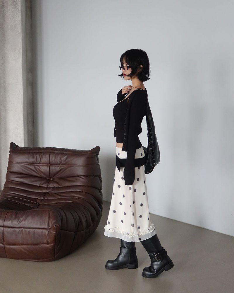 dot frill midi skirt