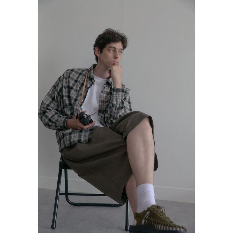 Vintage washing beige check shirts