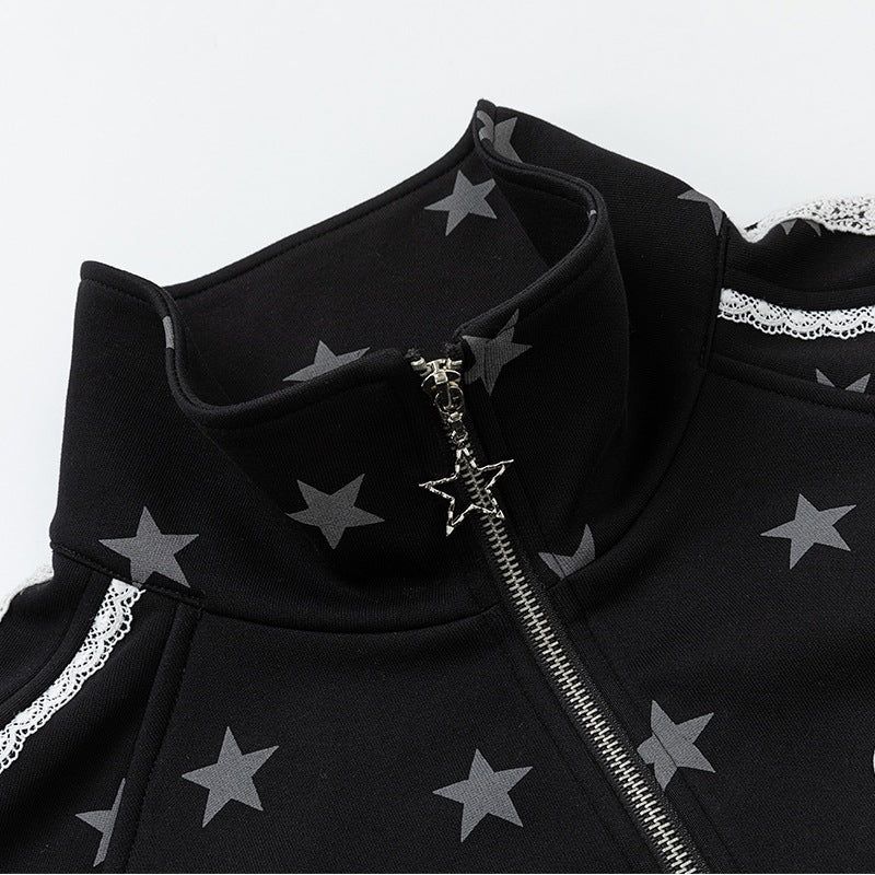 Kitsch Star Print Lace Trim Oversized Zip-Up Top