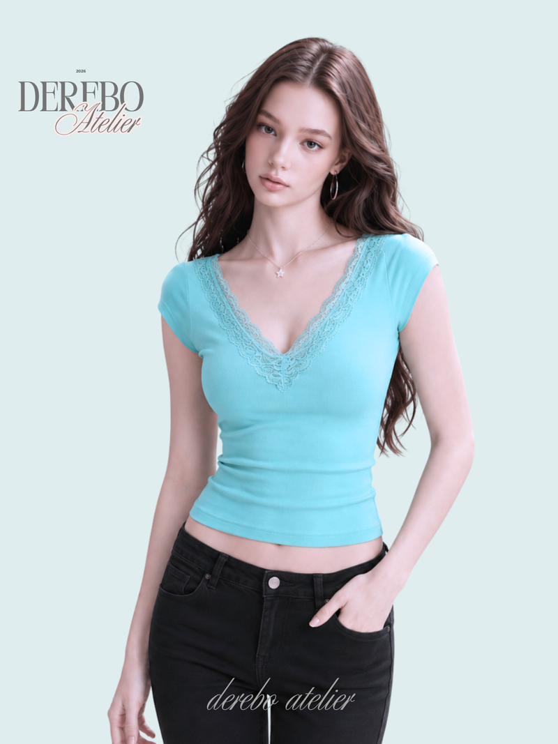dereborujo（ドレボルゾー）の「Mood Lace V Mint Short-Sleeved Top（Tops）」