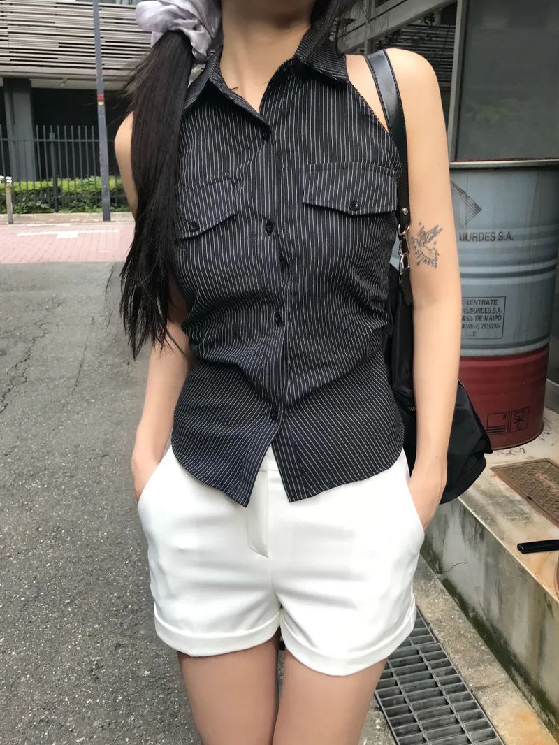 Niel Stripe Backless Halter Collar Shirt