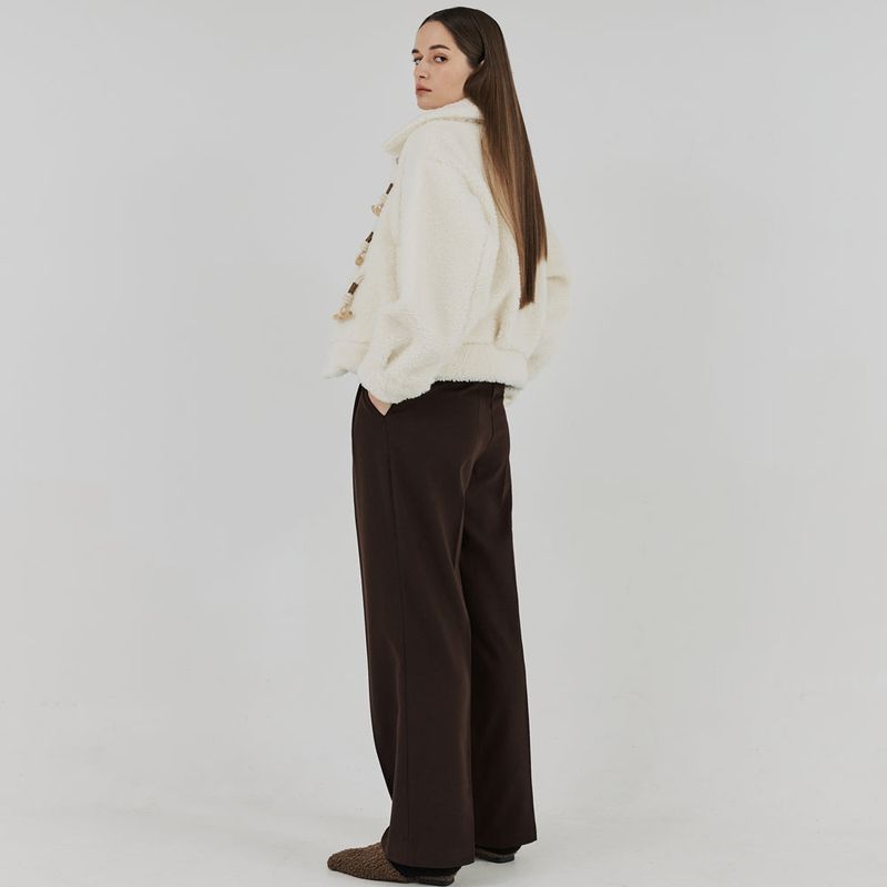 Two-Tuck Button Wide Wool Pants (Brown)