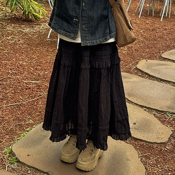 hijjoo（ハイチュー）の「Caro Banding Lace Frill Long Skirt（Skirts）」
