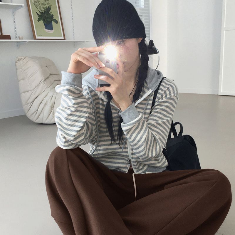 Ternet color striped two-way waffle hood zip-up